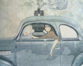 Vintage 1970s Rosamond Poster "The Crossing" Surrealist Car & Train Art