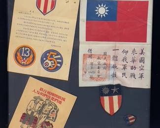 WWII USAAF Pilot China-Burma-India (CBI) Theater Grouping; Blood Chit, 5th & 13th Air Force Patches, Propaganda Leaflet