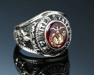 Us Marine Corps Ring Iwo Jima (1945) / Tun Tavern (1775) Sterling Silver Size 10.25