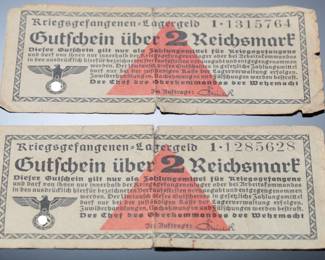 Lot of 2 WWII POW Vouchers for 2 German Reichsmarks Third Reich