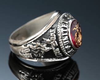 Us Marine Corps Ring Iwo Jima (1945) / Tun Tavern (1775) Sterling Silver Size 10.25
