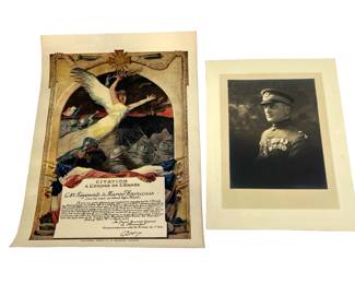 WWI USMC 5th Marine Regiment Grouping: Officer Portrait by Marceau & French Croix de Guerre Citation Signed by Marshal Pétain for Blanc Mont Ridge