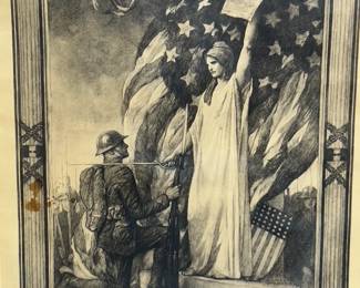 WWI Wounded in Action Certificate Print by E.H. Blashfield, 5th Division, Signed Woodrow Wilson