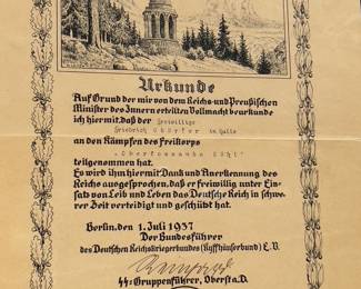 1937 Third Reich Freikorps Award Certificate (Urkunde) Signed by SS-Gruppenführer Wilhelm Reinhard