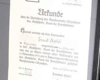 Weimar & Third Reich Stahlhelm Veteran's Grouping - Ernst Kahl of Wolfenbüttel - Signed Seldte Document, Gau Badge & Pins