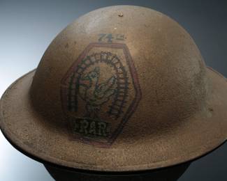 WWI US M1917 Doughboy Helmet Named to Soldier August H Eberle 74th Artillery AEF with Rare Hand-Painted "RAR" Railway Artillery Insignia