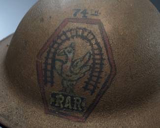 WWI US M1917 Doughboy Helmet Named to Soldier August H Eberle 74th Artillery AEF with Rare Hand-Painted "RAR" Railway Artillery Insignia