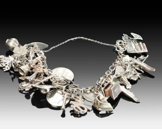 Vintage Mid-Century Sterling Silver Travel Charm Bracelet with WWII-Era Coins & Global Souvenirs