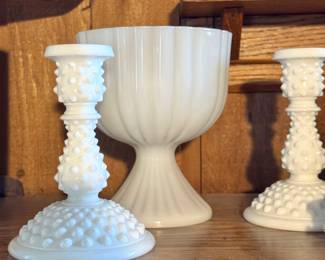 Vintage Milk Glass Hobnail Candlestick Holders and Pedestal Compote Bowl