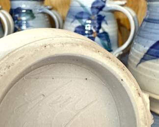 Handmade Studio Pottery Mugs – Signed Blue Floral Stoneware Coffee Cups, Set of 5