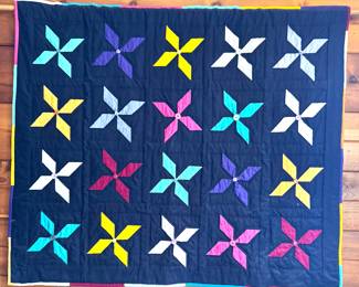 Handmade Patchwork Quilt with Colorful Pinwheel Pattern – Vintage Americana