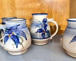 Handmade Studio Pottery Mugs – Signed Blue Floral Stoneware Coffee Cups, Set of 5