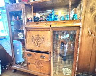 Antique Oak Drop Front Secretary Side Bookcase Glass Curio
