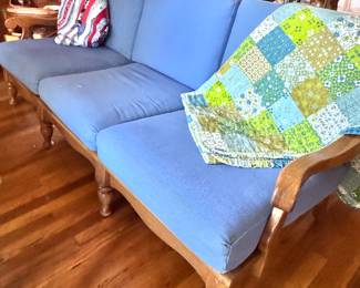 Montgomery Ward Style House Blue Upholstered Sofa – Mid-Century 3 Seat Couch with Wood Frame
