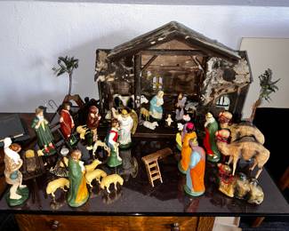 Marolin vintage German paper mache nativity set over 30 pieces