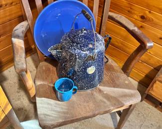 Vintage Bluestone Porcelain Enamel Coffee Pot & Cup – Blue Speckle Graniteware