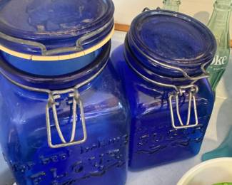 Cobalt Blue Glass Canisters – Flour & Sugar Embossed with Wire Bale Lids