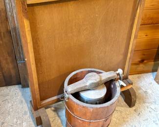 Rustic Farmhouse Fireplace Screen with Wooden Hand-Crank Ice Cream Maker