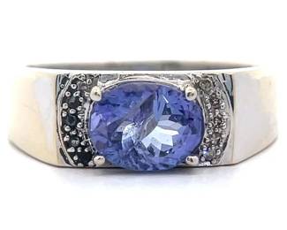 Oval Tanzanite & Natural Diamond East West Ring in 14k White Gold