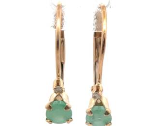 Emerald & Natural Diamond Two-Stone Lever Back Earrings in Yellow Gold