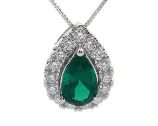 0.34 Carat Diamond & Emerald Pear Halo Pendant Necklace in 14k White Gold