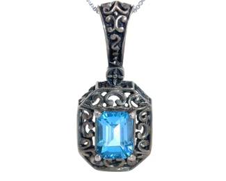 Blue Topaz Antique Style Filigree Pendant