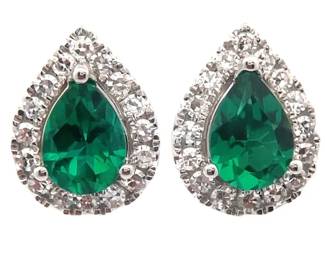 0.41 Carat Emerald & Diamond Pavé Halo Stud Earrings in 14k White Gold