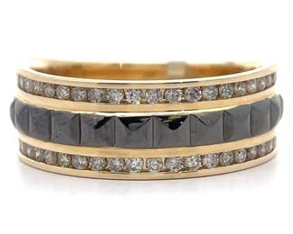 0.50 Carat Princess Cut Natural Fancy Black & White Diamond Triple Row Ring in Yellow Gold