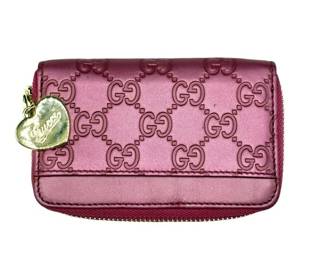 Gucci GG Guccissima Metallic Pink Leather Zip Wallet with Heart Charm