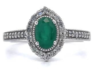 Marquise Emerald & Natural Diamond Halo Ring in White Gold