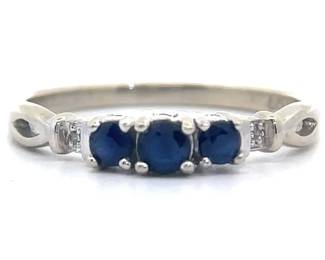 Blue Sapphire & Natural Diamond Three-Stone Ring in White Gold