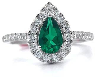 0.51 Carat Lab-Grown Emerald & Diamond Pavé Halo Ring in 14k White Gold