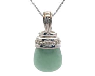 Designer "Judith Ripka" Green Jade Cabochon Drop Pendant - Symbolizes Luck Prosperity!