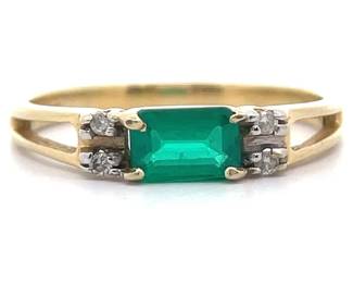 Natural Diamond & Baguette Emerald Split Shank Ring in 14k Yellow Gold