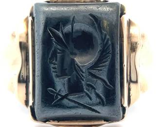 Men's Hematite Carved Gladiator Vintage Signet Ring in Yellow Gold