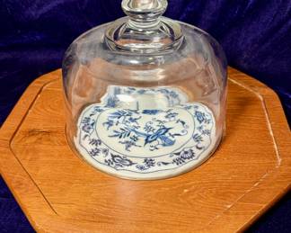 Blue Danube China - Blue Onion  - Teakwood Cheese Plate and Dome Set 
