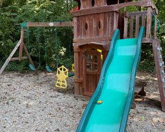 Wood Playset - Swings, Playhouse, Slide, Climbing Wall