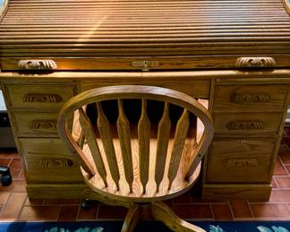 American Oak Roll Top Desk and Office Chair 