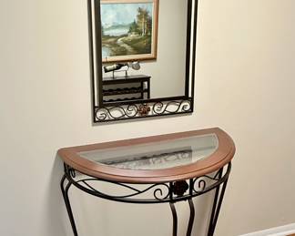 Wall Mirror and Half Circle Glass and Metal Table 