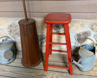 Watering Cans, Butter Churner, Red Stool