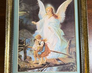 Matted and Framed Art - Guardian Angel with Children on Bridge