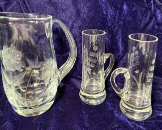 Etched Floral Glass Barware - Pitcher and Liquor Glasses