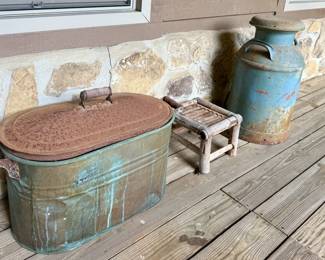 Wash Tub, Stool, Milk Jug