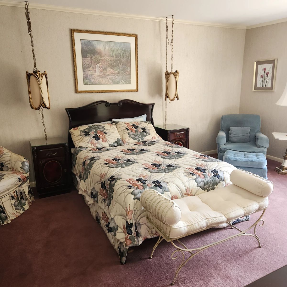 Queen mahogany bedroom set: 
-head/footboard (mattress too): $75.00
-2 nightstands: $60.00
-2 dressers:$120.00
-bench: $75.00