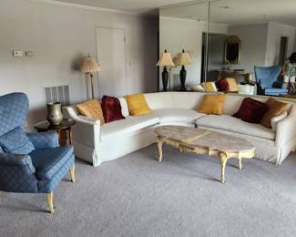Sectional sofa, white fabric w detailed pattern:$100.00