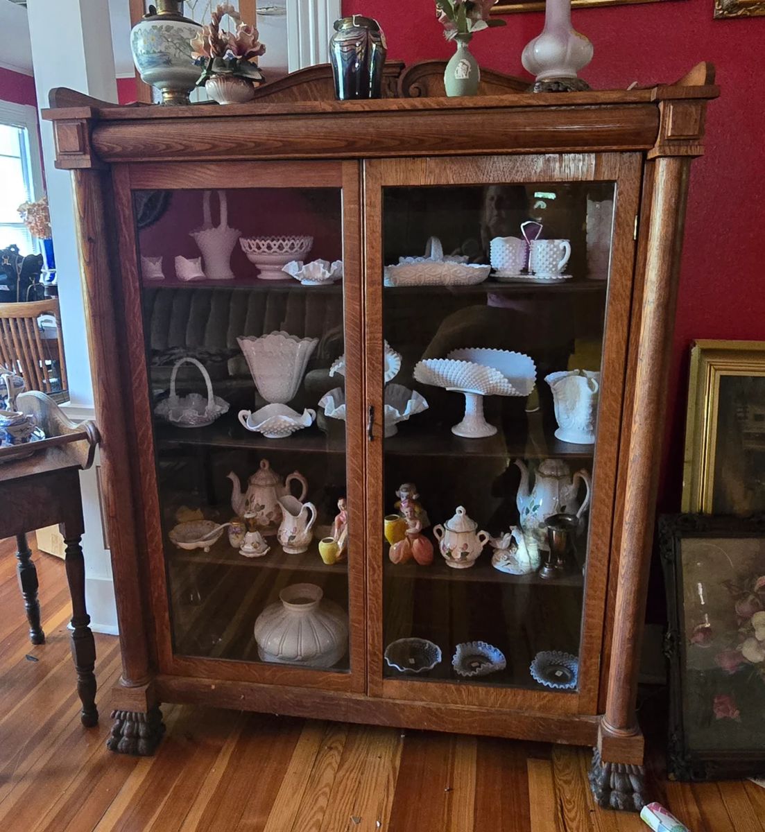 Get Comfy! You  are going to enjoy looking at all these beautiful treasures!! Antique Tiger Stripe Oak Claw Feet Curio (Display Cabinet) with Wooden Shelves - All Original.  Every cabinet full of gorgeous glassware.