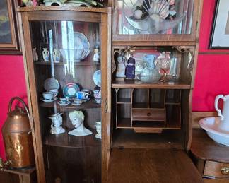 Antique Drop Front Secretary Desk with Stain Glass 