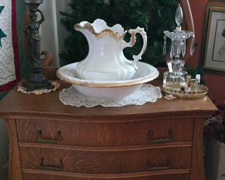Antique Tiger Stripe Oak Washstand - We have several wash bowl sets. 