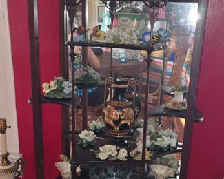 Mahogany Victorian Etagere  - Porcelain Flowers - Art Glass