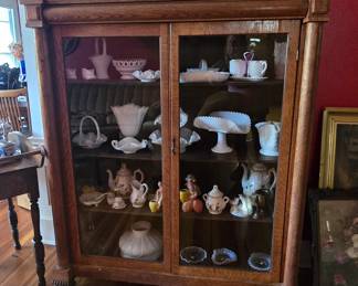 Get Comfy! You are going to enjoy looking at all these beautiful treasures!! Antique Tiger Stripe Oak Claw Feet Curio (Display Cabinet) with Wooden Shelves - All Original. Every cabinet full of gorgeous glassware.